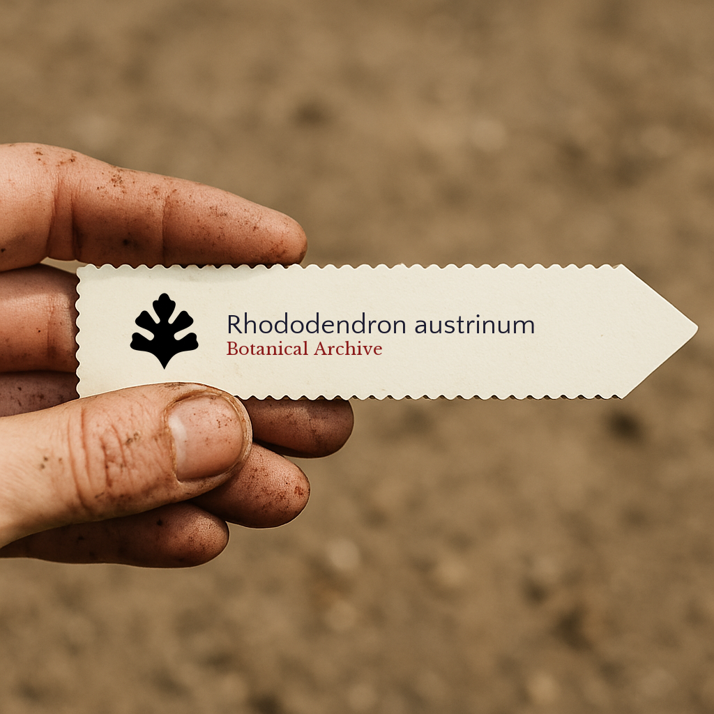 Printed plant label for Rhododendron austrinum held by dirty hand over soil background