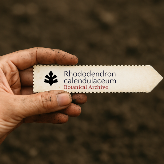 Printed plant label for Rhododendron calendulaceum held by dirty hand over soil background