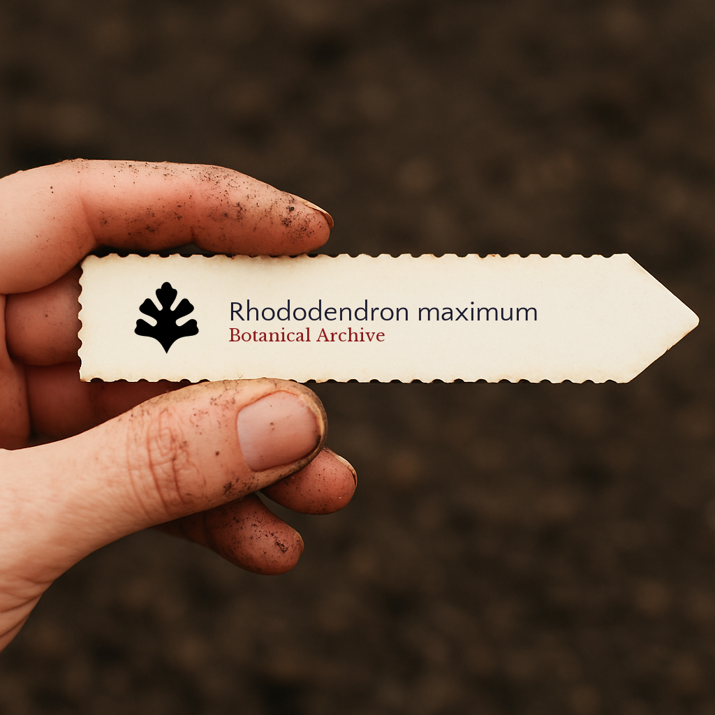 Printed plant label for Rhododendron maximum held by dirty hand over soil background
