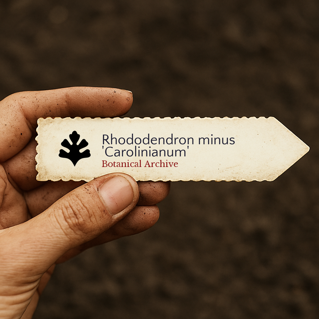 Printed plant label for Rhododendron minus 'Carolinianum' held in hand over soil background