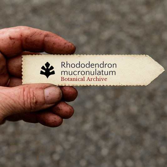 Printed plant label for Rhododendron mucronulatum held by dirty hand outdoors