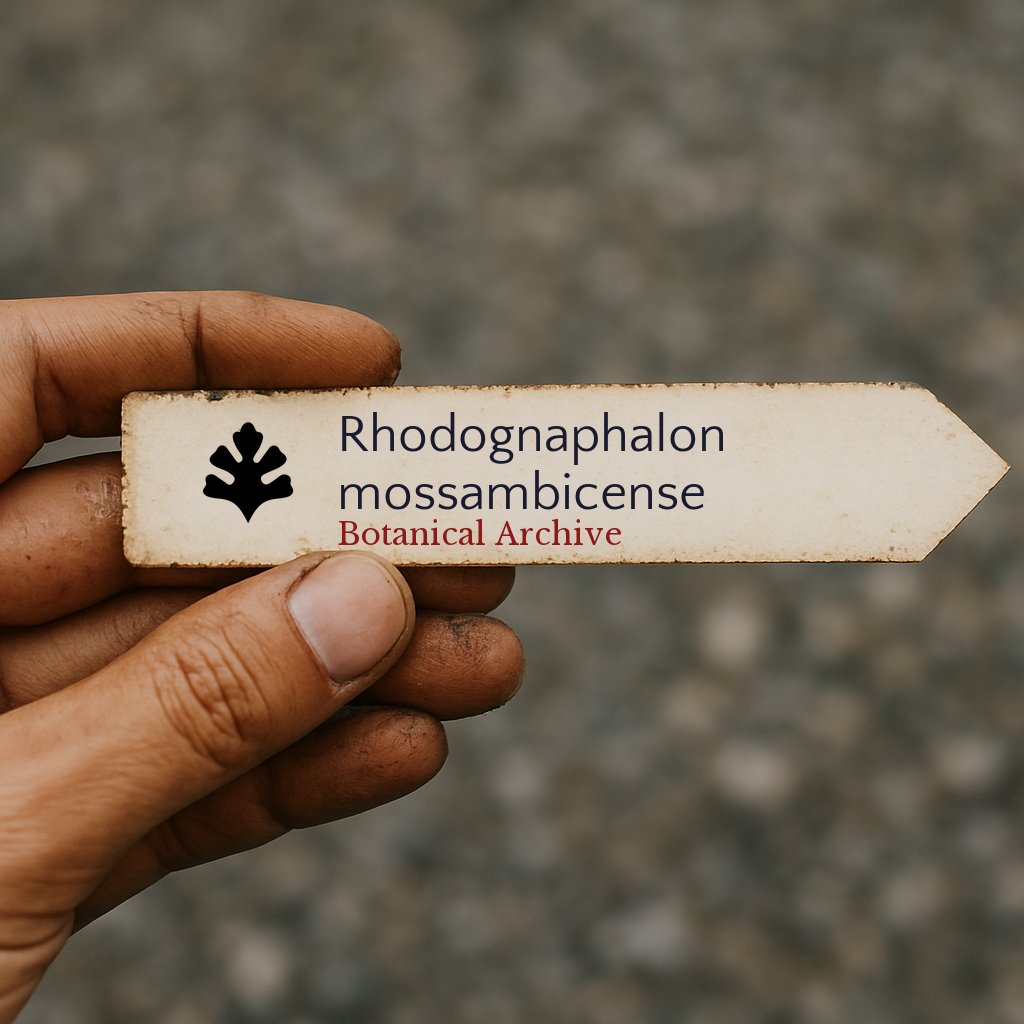 Printed plant label for Rhodognaphalon mossambicense from Botanical Archive held in hand