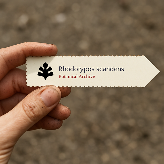 Printed plant label for Rhodotypos scandens held by dirty hand outdoors