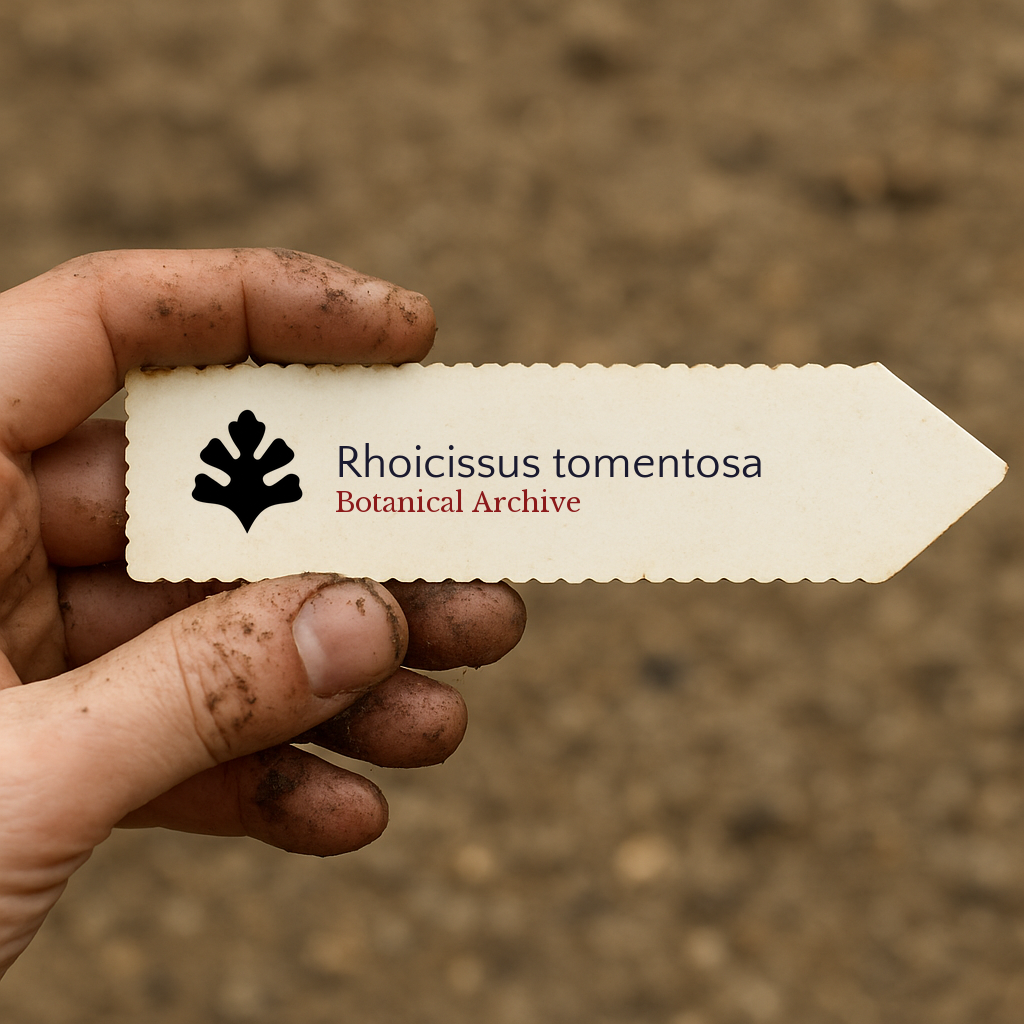 Printed plant label for Rhoicissus tomentosa held by dirty hand over soil background