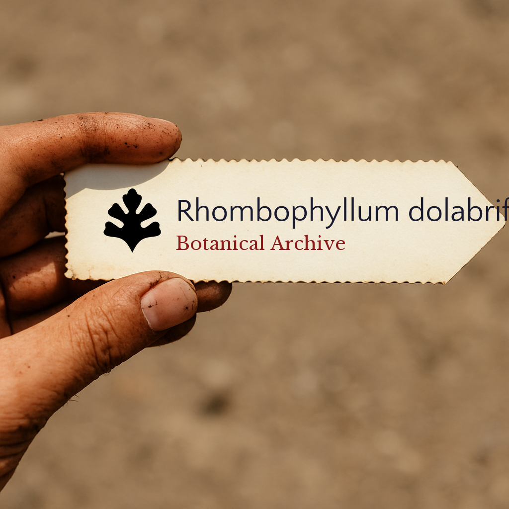 Printed plant label for Rhombophyllum dolabriforme held by dirty hand outdoors