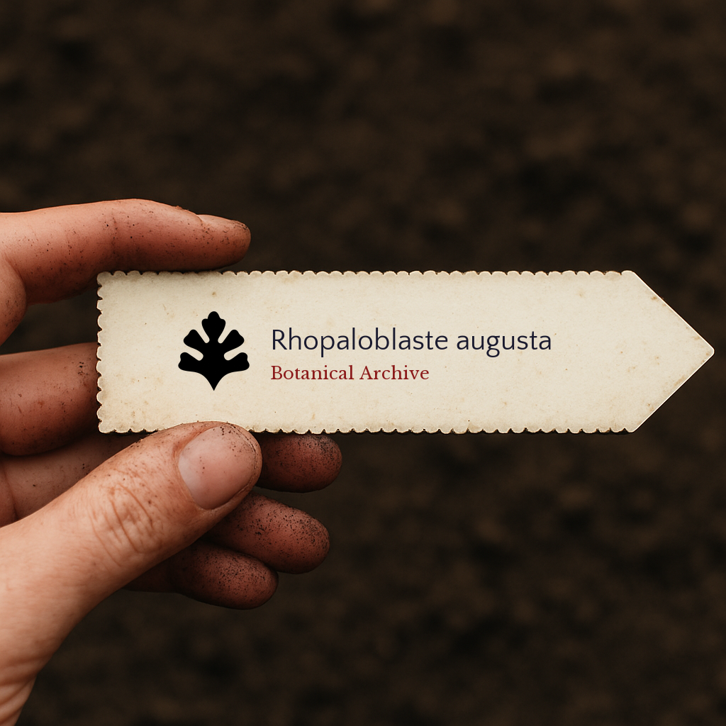 Etichetta stampata per pianta di Rhopaloblaste augusta tenuta da mano sporca su sfondo di terreno