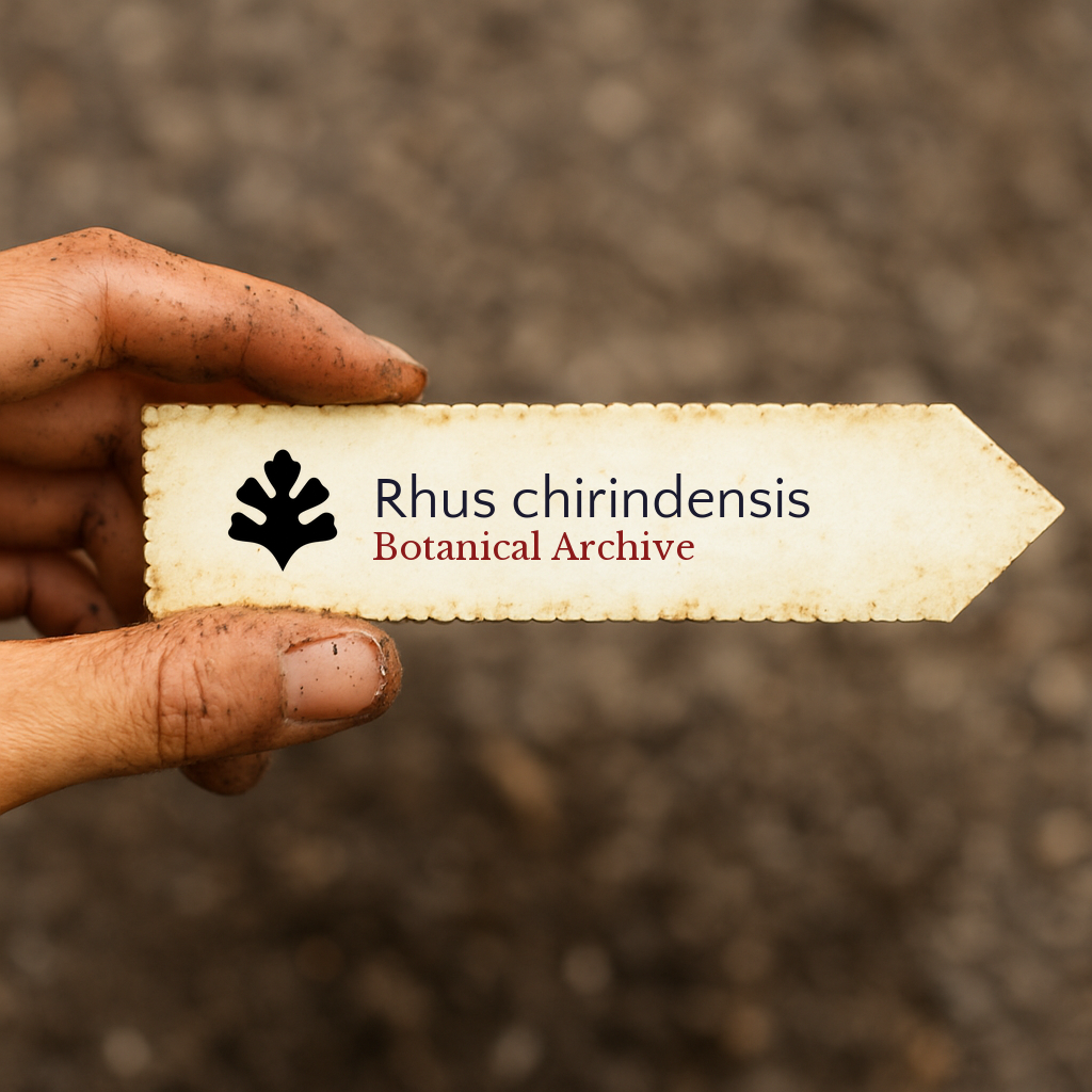 Printed plant label for Rhus chirindensis held by dirty hand over soil background