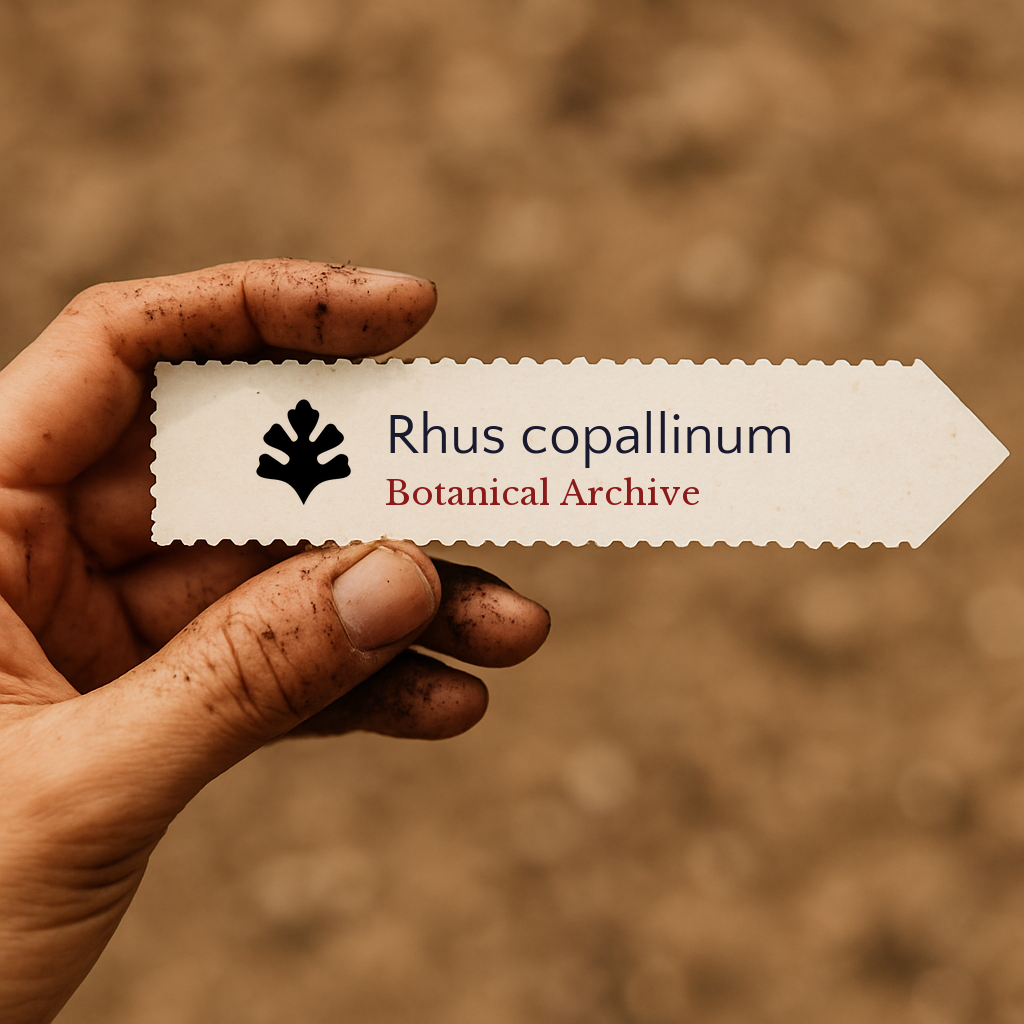 Printed plant label for Rhus copallinum held by dirty hand with blurred soil background