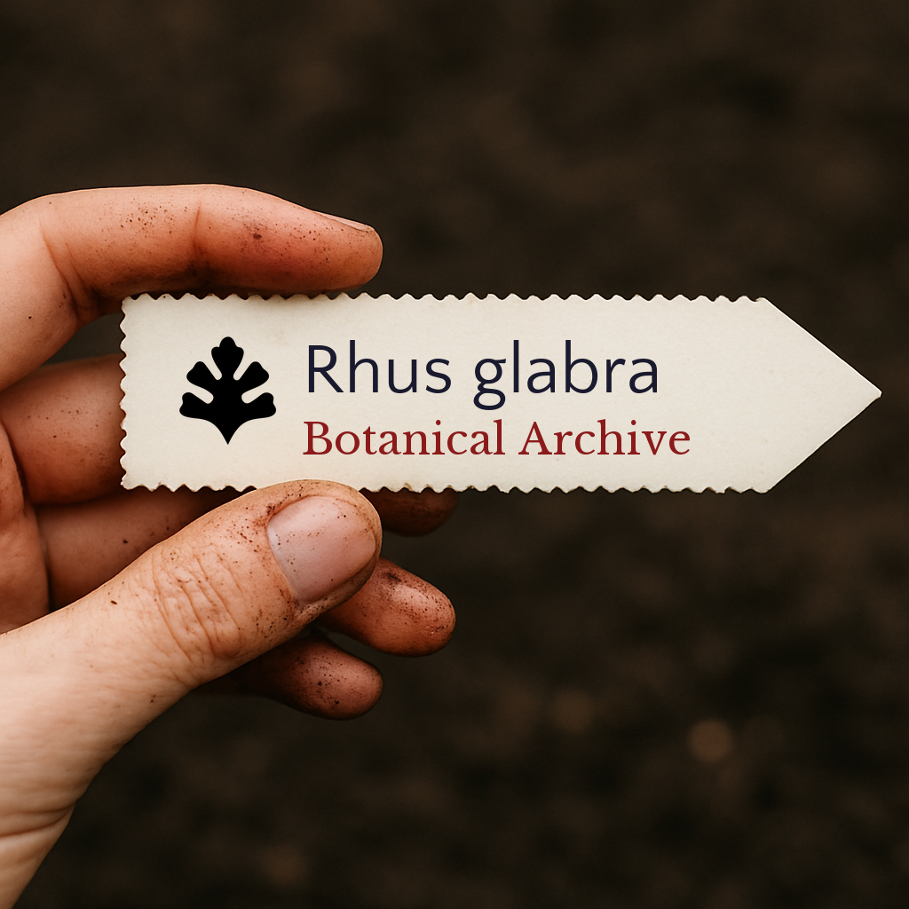 Etichetta per pianta stampata per Rhus glabra Botanical Archive tenuta da mano sporca