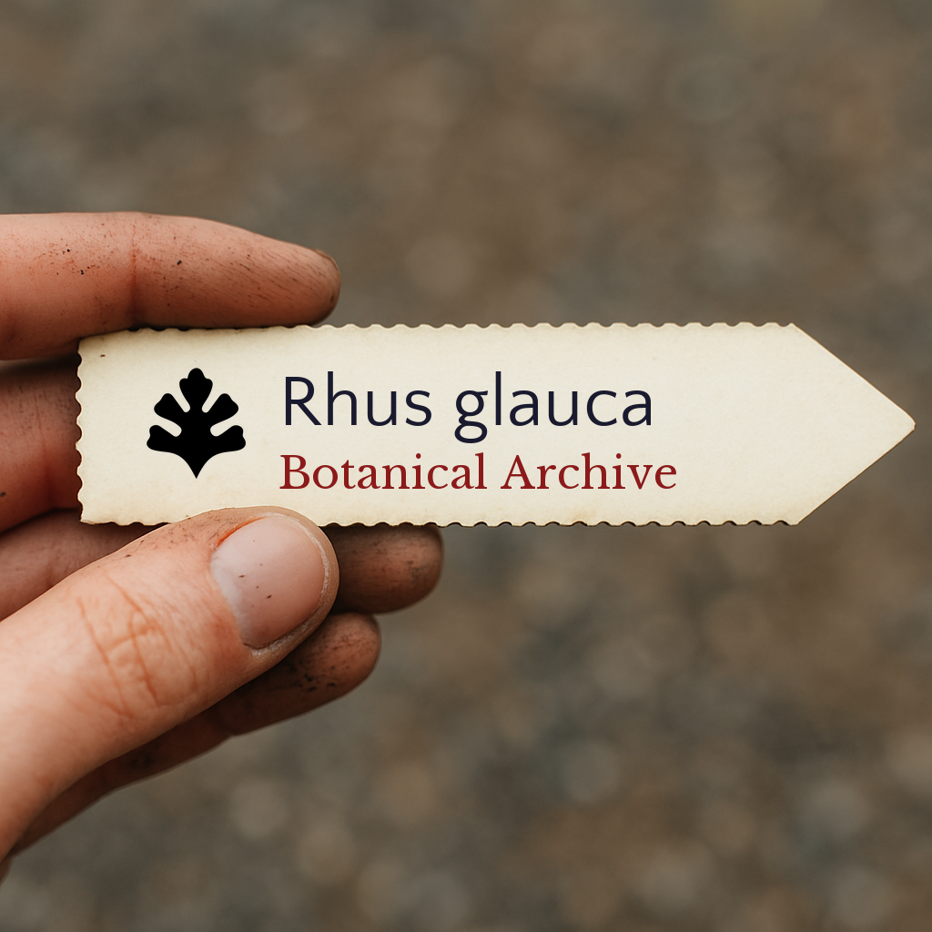 Printed plant label for Rhus glauca with botanical archive text held by hand