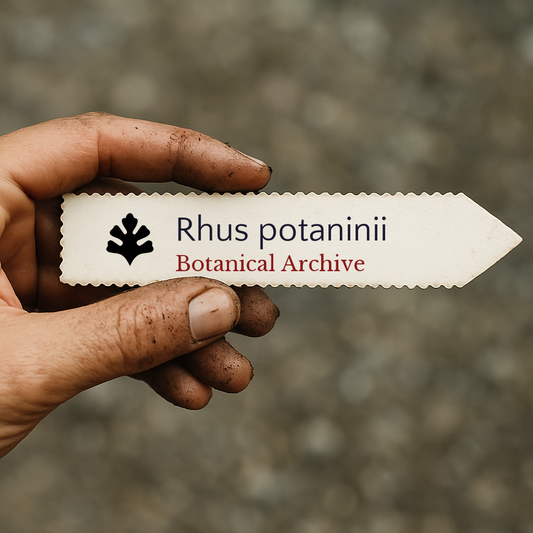 Printed plant label for Rhus potaninii held by dirty hand against blurred background
