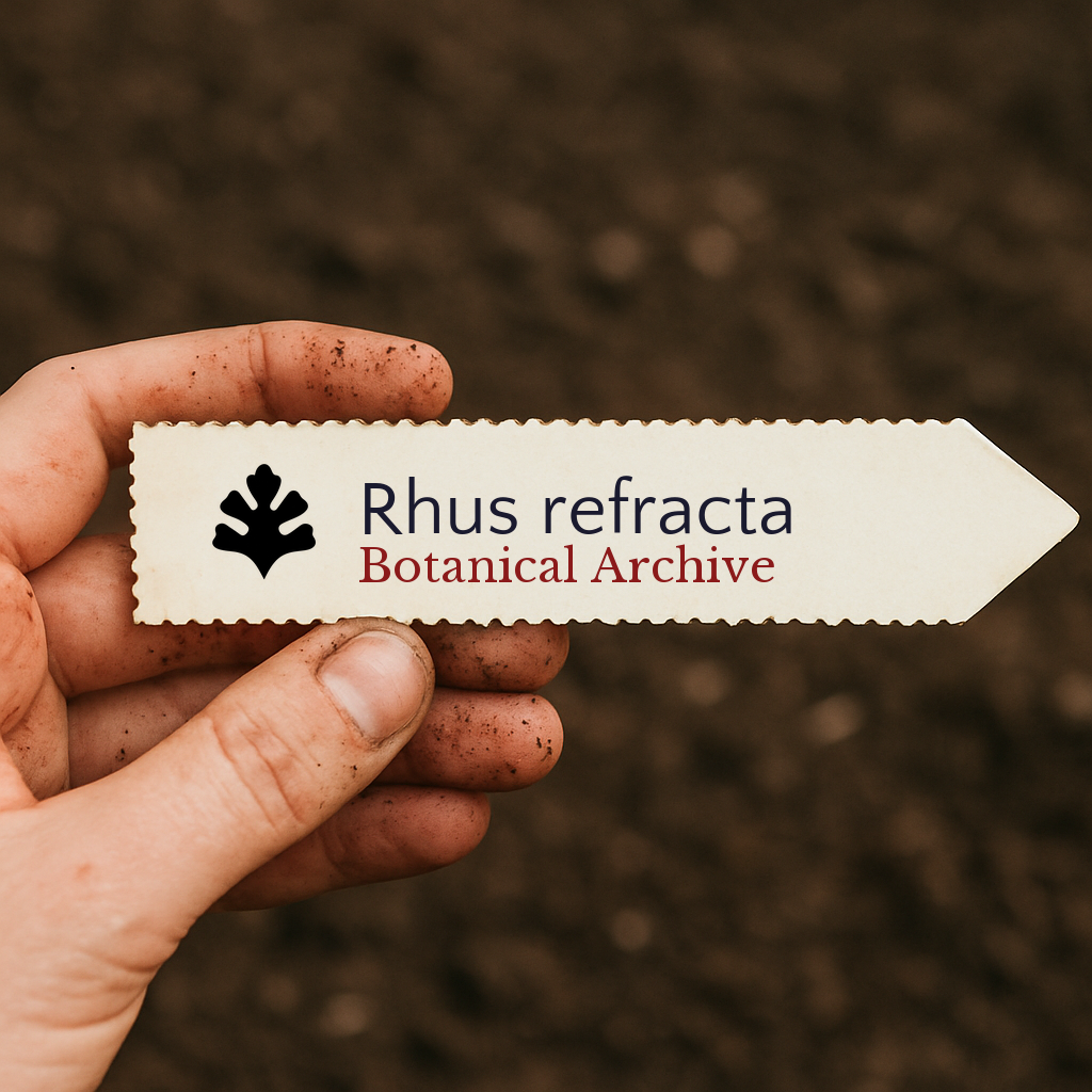 Printed plant label for Rhus refracta held by hand with soil background