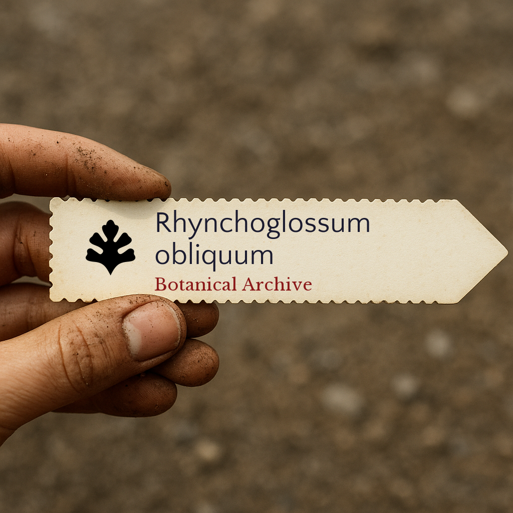 Etichetta per pianta stampata di Rhynchoglossum obliquum tenuta in mano con sfondo di terra
