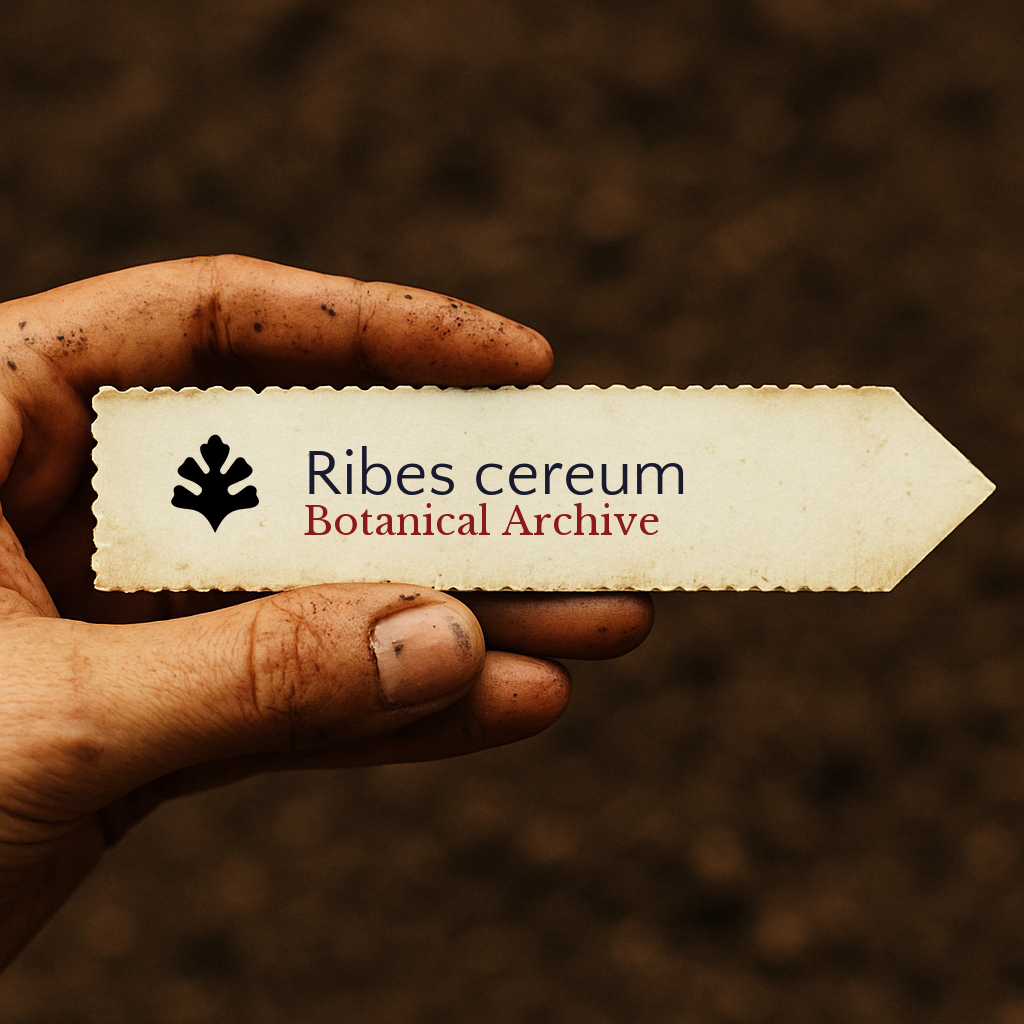 Printed plant label for Ribes cereum held by dirty hand over soil background