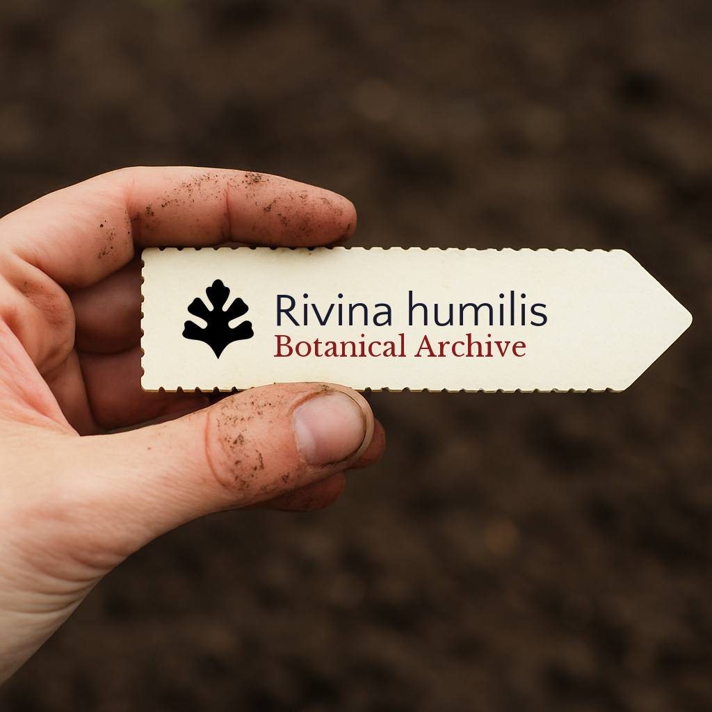 Printed plant label for Rivina humilis held over soil background in garden setting