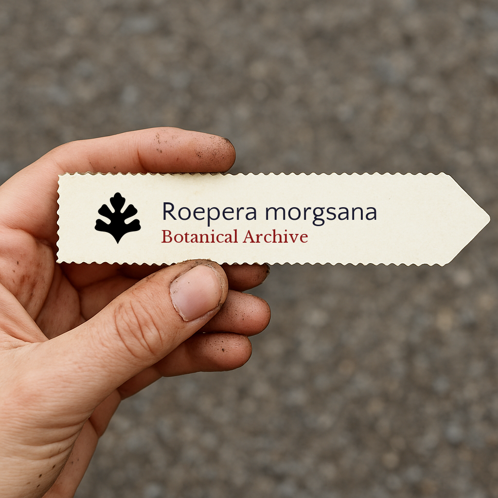 Printed plant label for Roepera morgsana held by hand with dirt on fingers
