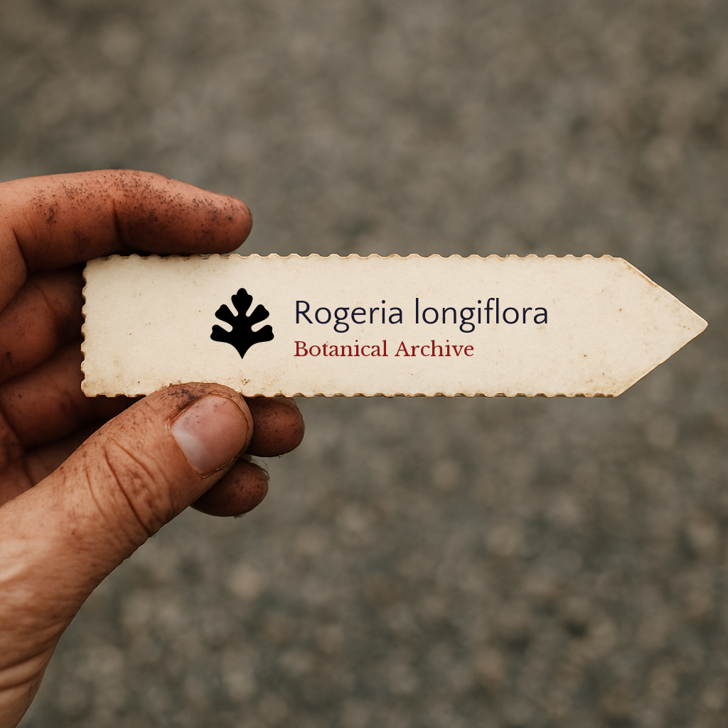 Printed plant label for Rogeria longiflora held by dirty hand outdoors