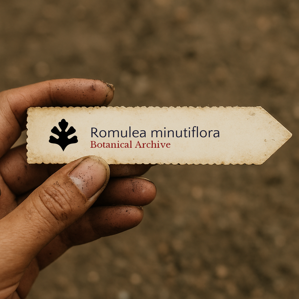 Printed plant label for Romulea minutiflora held by hand with soil background