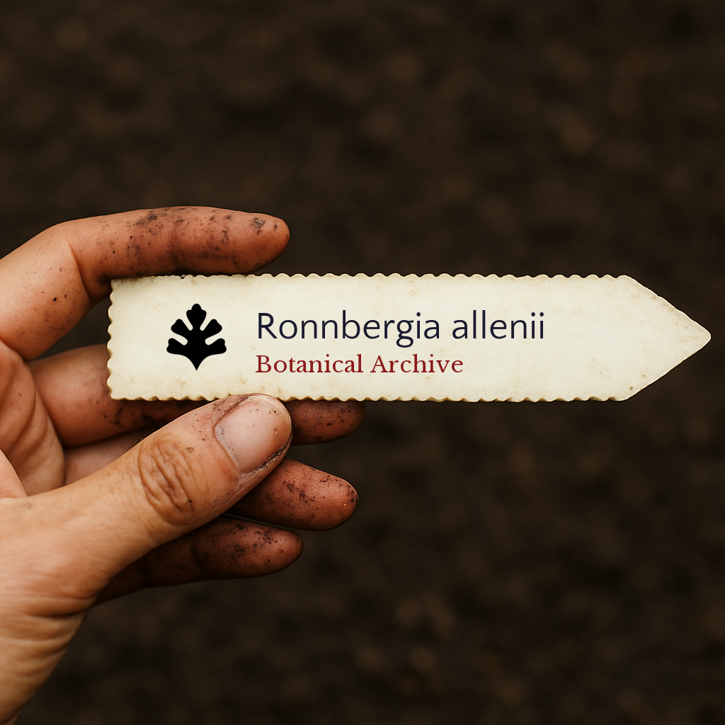 Printed plant label for Ronnbergia allenii held by dirty hand over soil background