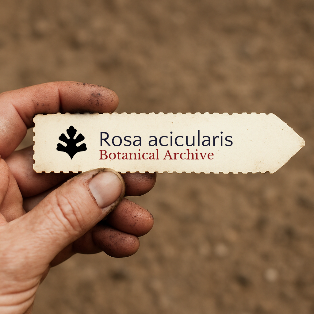 Printed plant label for Rosa acicularis held by gardener with soil-covered fingers
