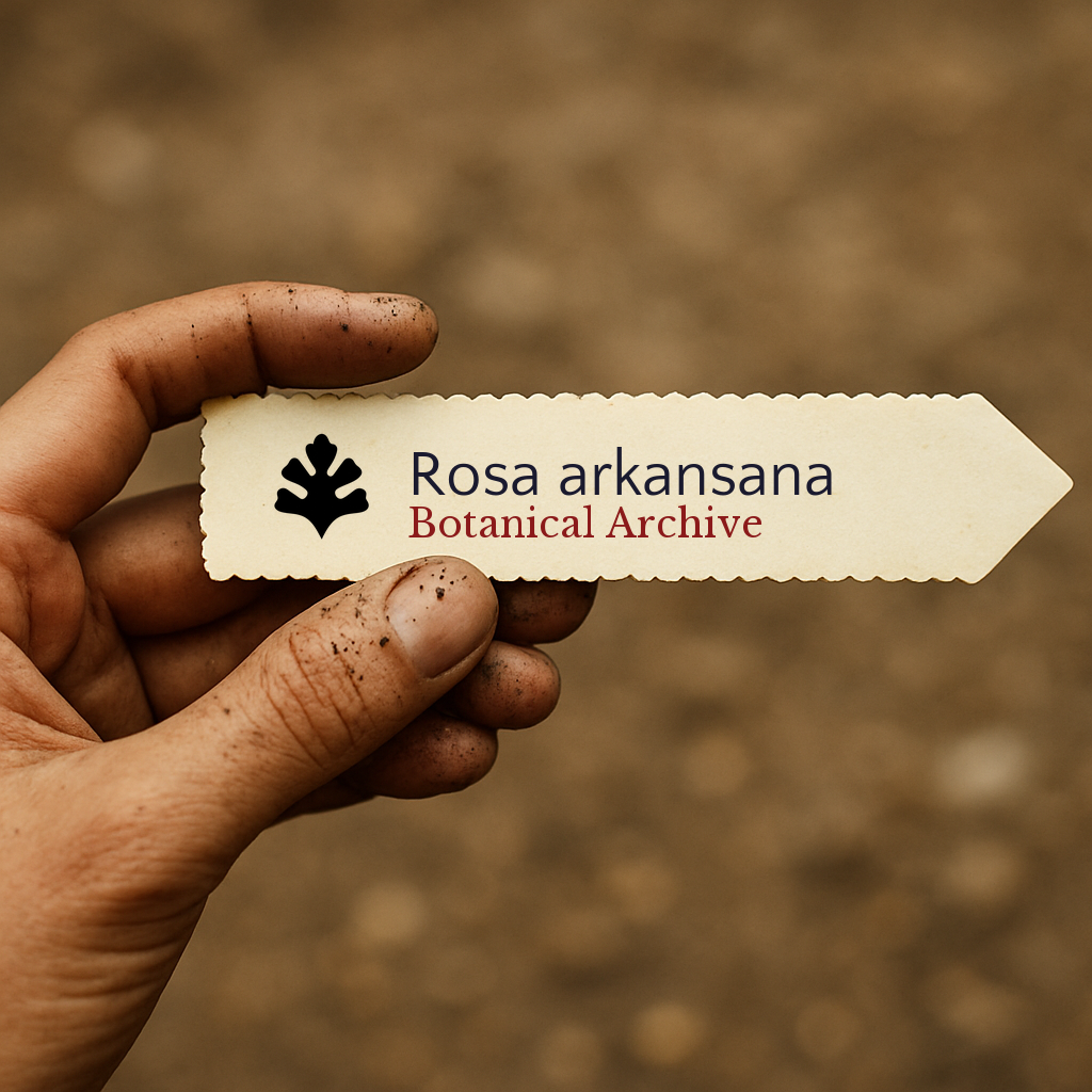 Printed plant label for Rosa arkansana held by hand with soil on fingers