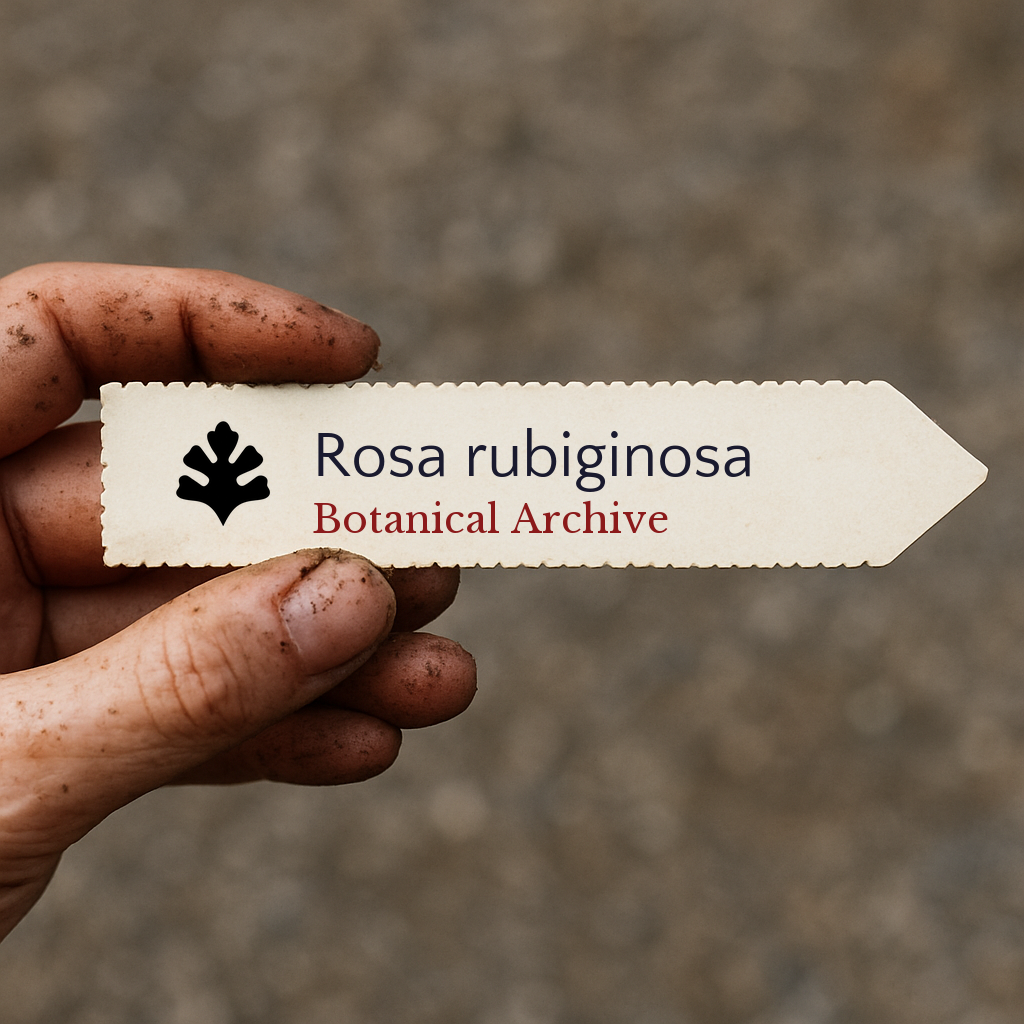 Etichetta stampata della pianta per Rosa rubiginosa tenuta da una mano sporca su sfondo sfocato