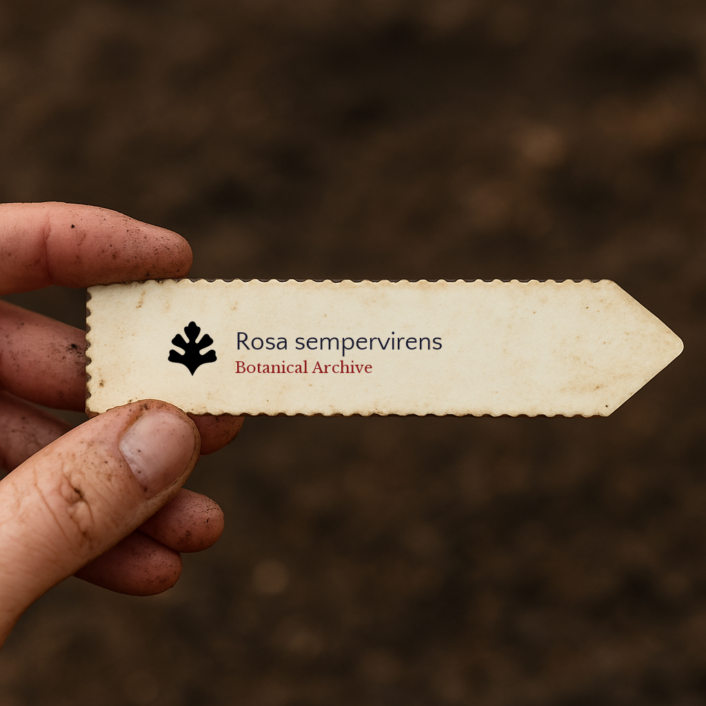 Printed plant label for Rosa sempervirens held by dirty hand over soil background