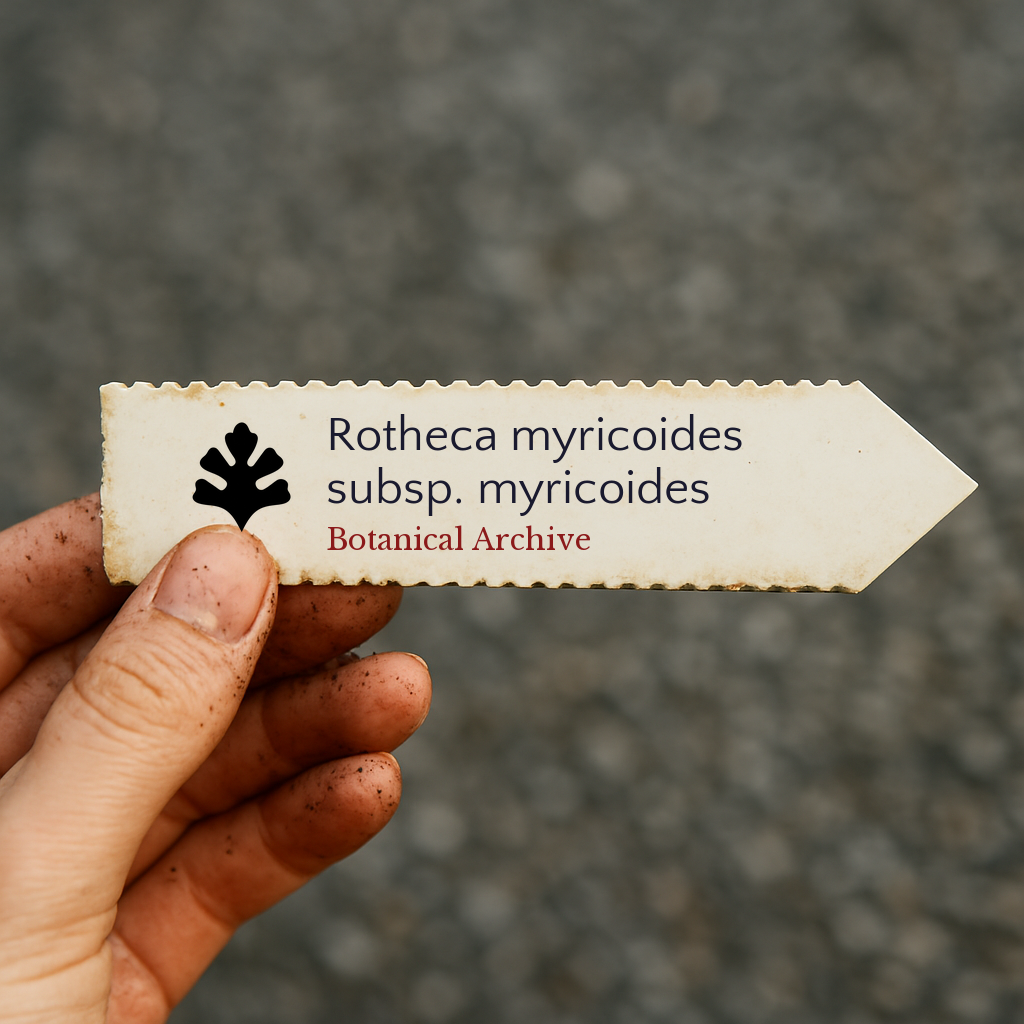 Printed plant label for Rotheca myricoides subsp. myricoides held by hand with soil-stained fingers