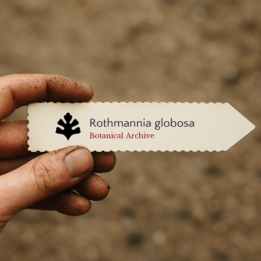 Printed plant label for Rothmannia globosa held by dirty hand over soil background