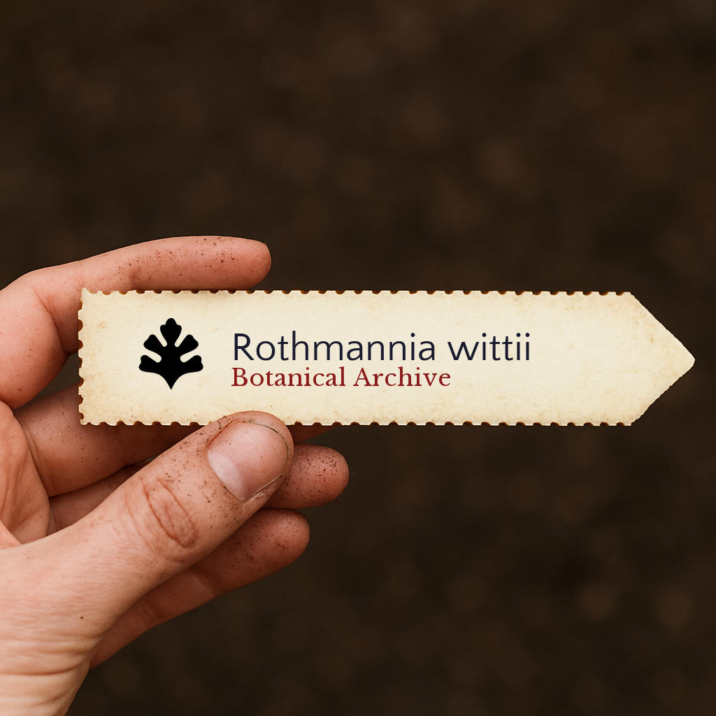 Etichetta stampata per pianta di Rothmannia wittii con logo Botanical Archive tenuta a mano