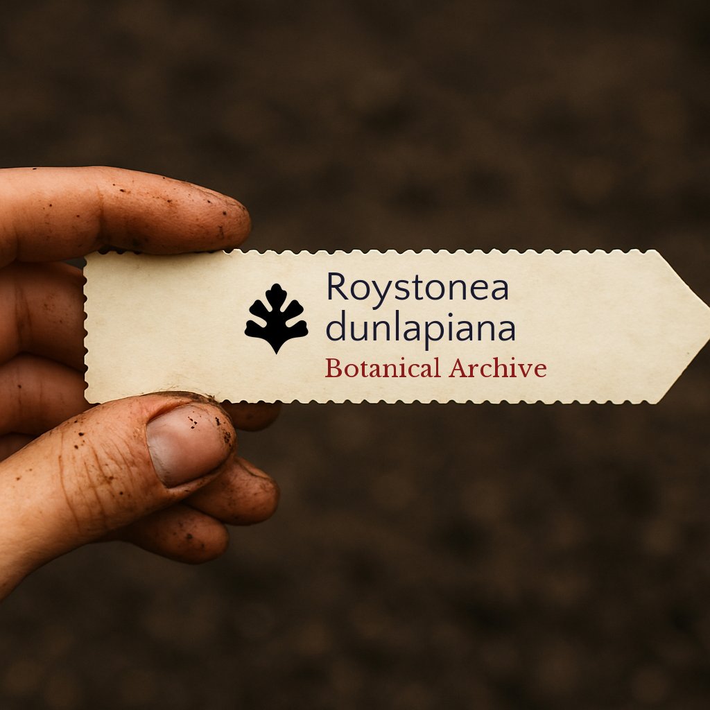 Printed plant label for Roystonea dunlapiana held by dirty hand over soil background