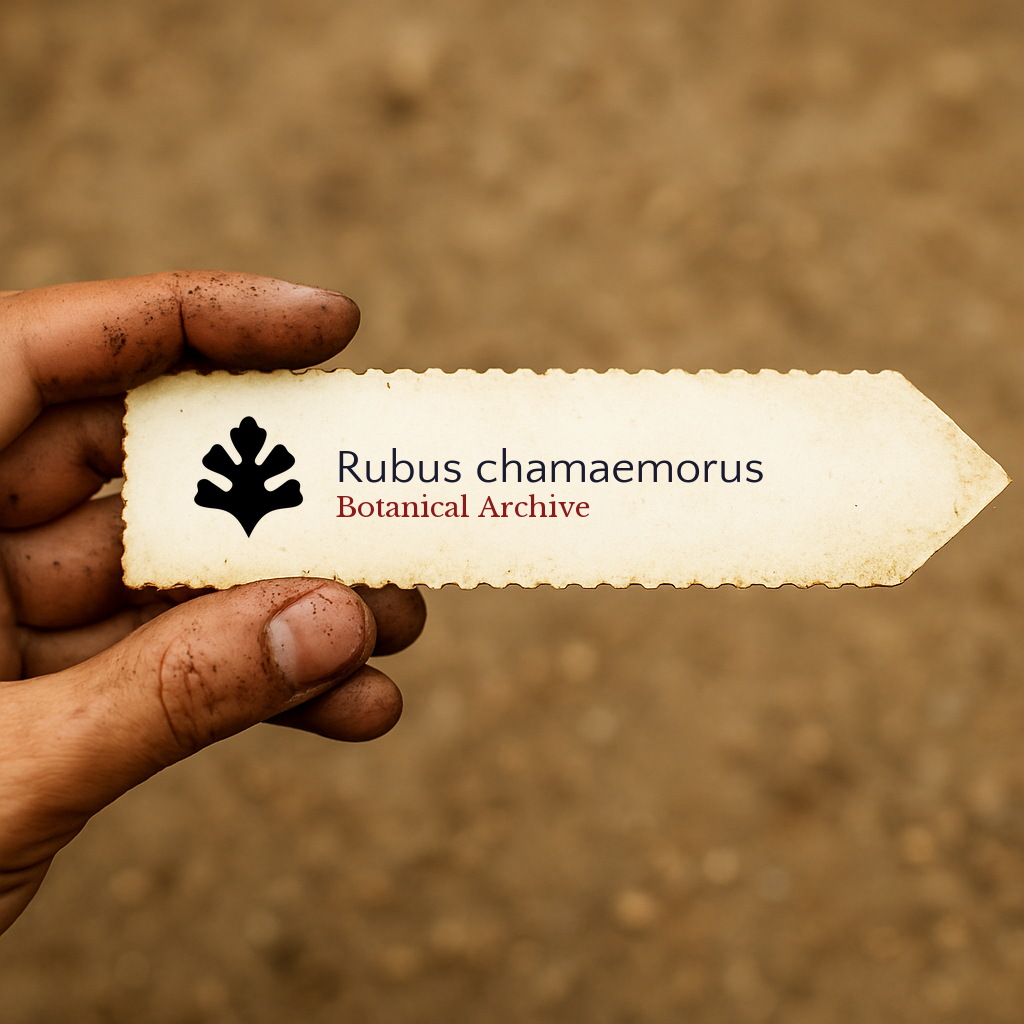 Etichetta botanica vintage per pianta di Rubus chamaemorus tenuta da mano sporca