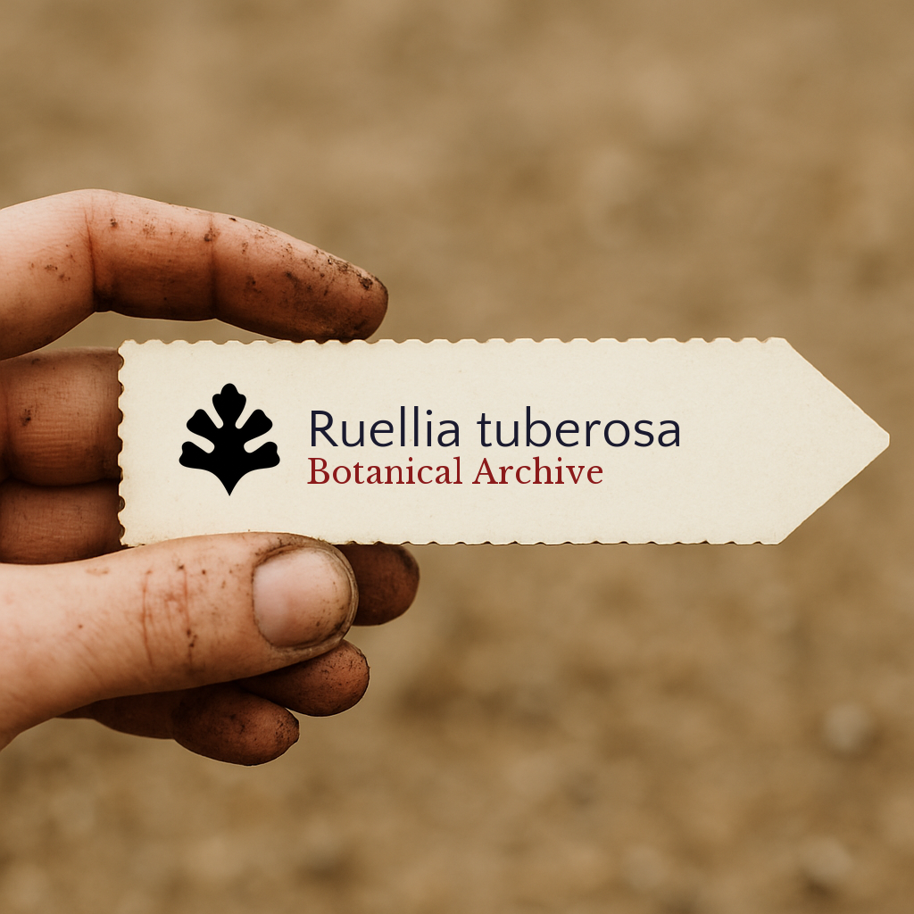 Printed plant label for Ruellia tuberosa held by dirty hand against soil background