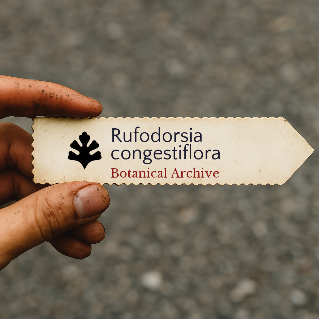 Printed plant label for Rufodorsia congestiflora with botanical archive logo held by hand