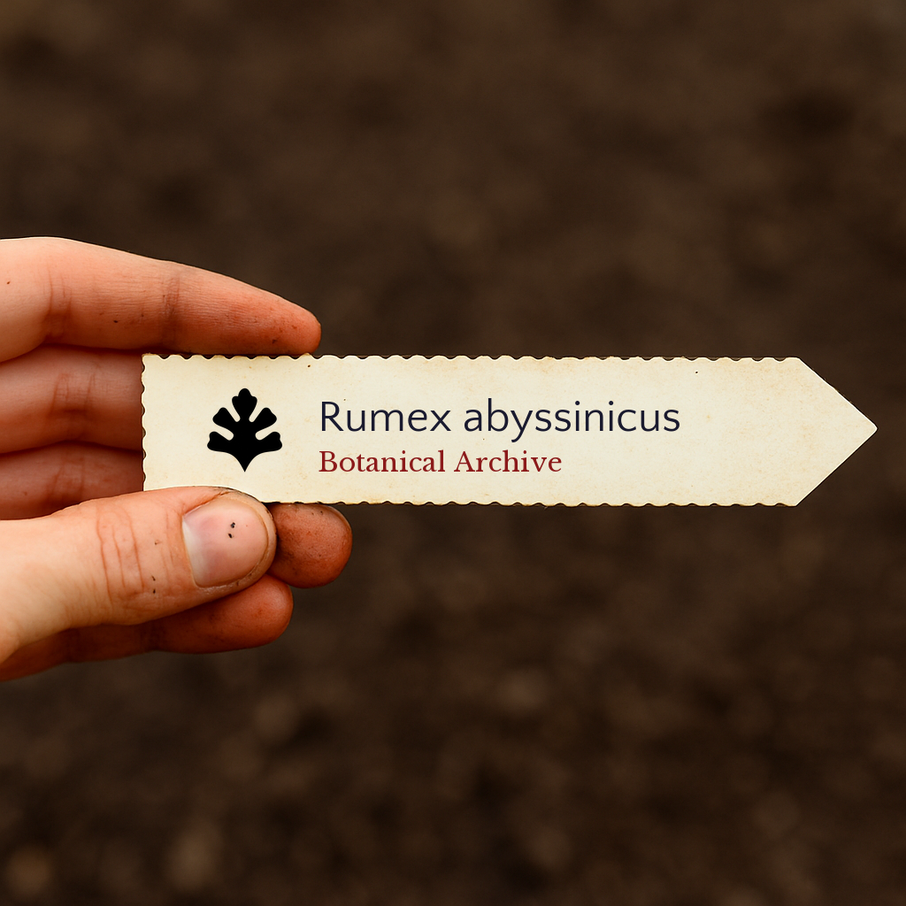 Printed plant label for Rumex abyssinicus held by hand over soil background