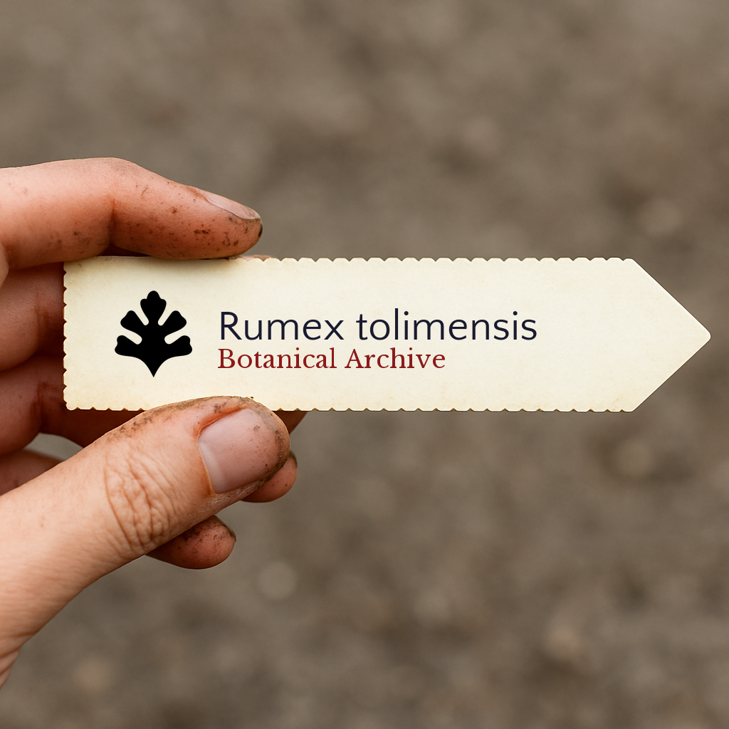 Printed plant label for Rumex tolimensis held by hand with soil background