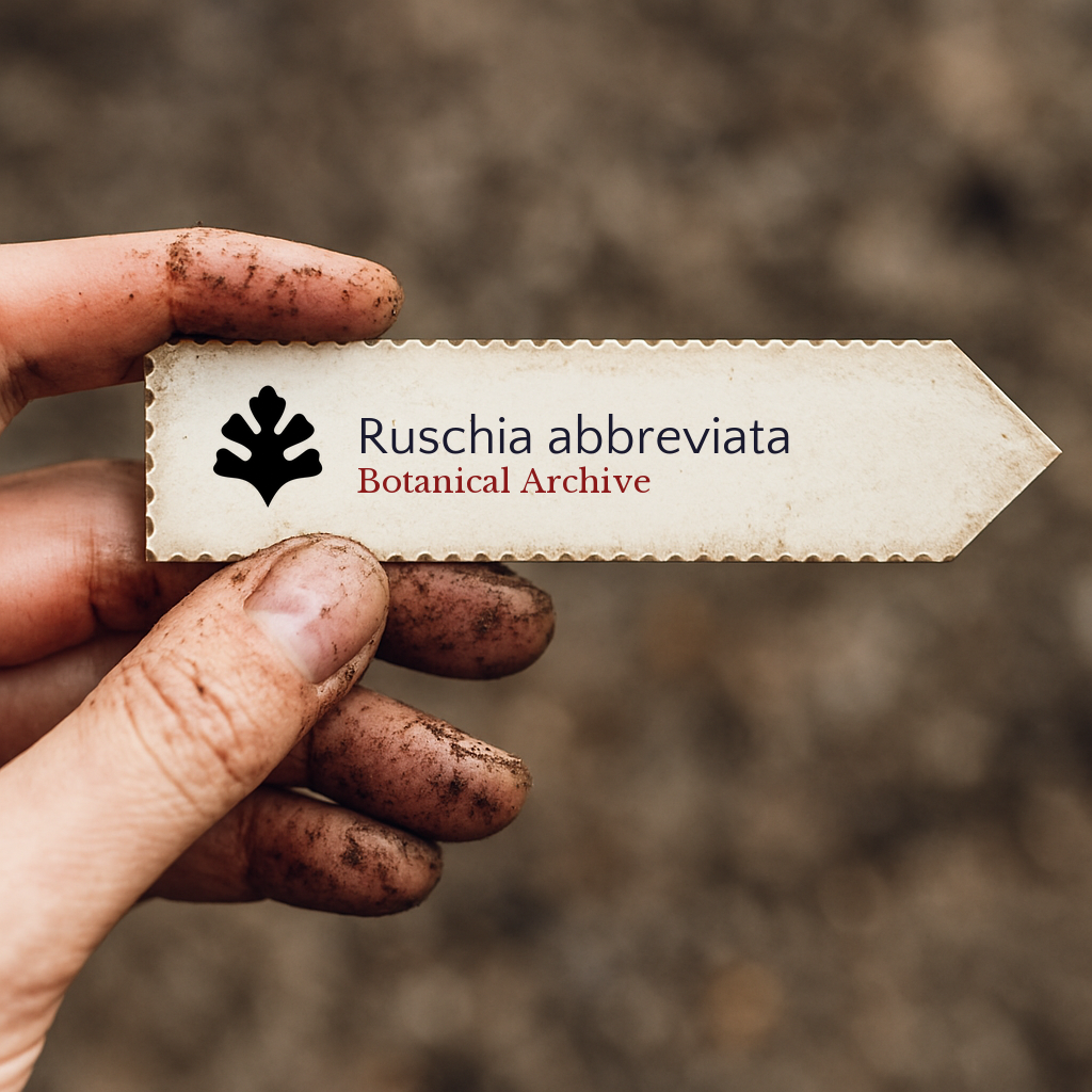 Etichetta per piante stampata per Ruschia abbreviata tenuta da una mano sporca all'aperto