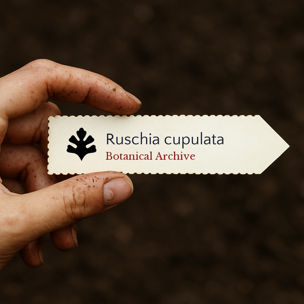 Etichetta per piante stampata per Ruschia cupulata tenuta a mano con sfondo di terra