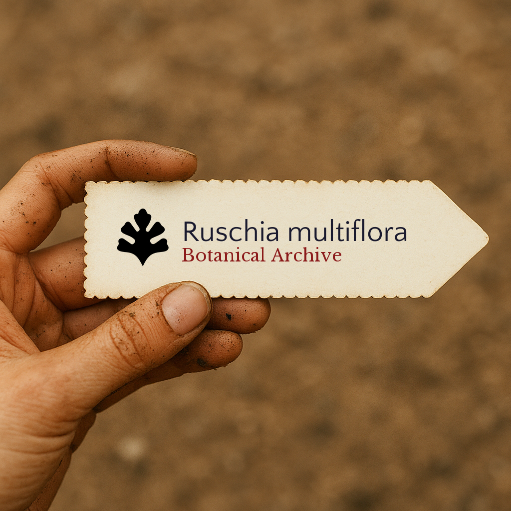 Etichetta con nome della pianta stampata per Ruschia multiflora tenuta a mano con sfondo di terreno