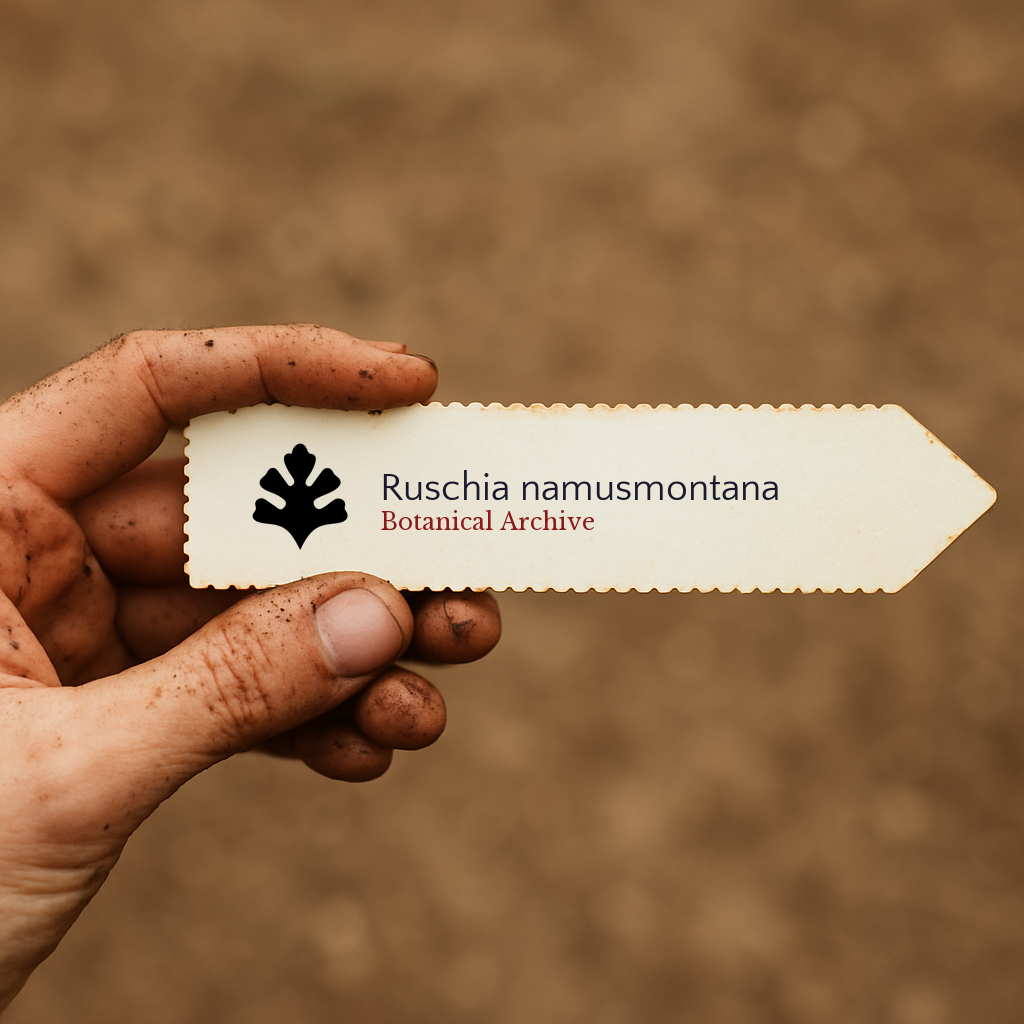 Printed plant label for Ruschia namusmontana held by a dirt-covered hand