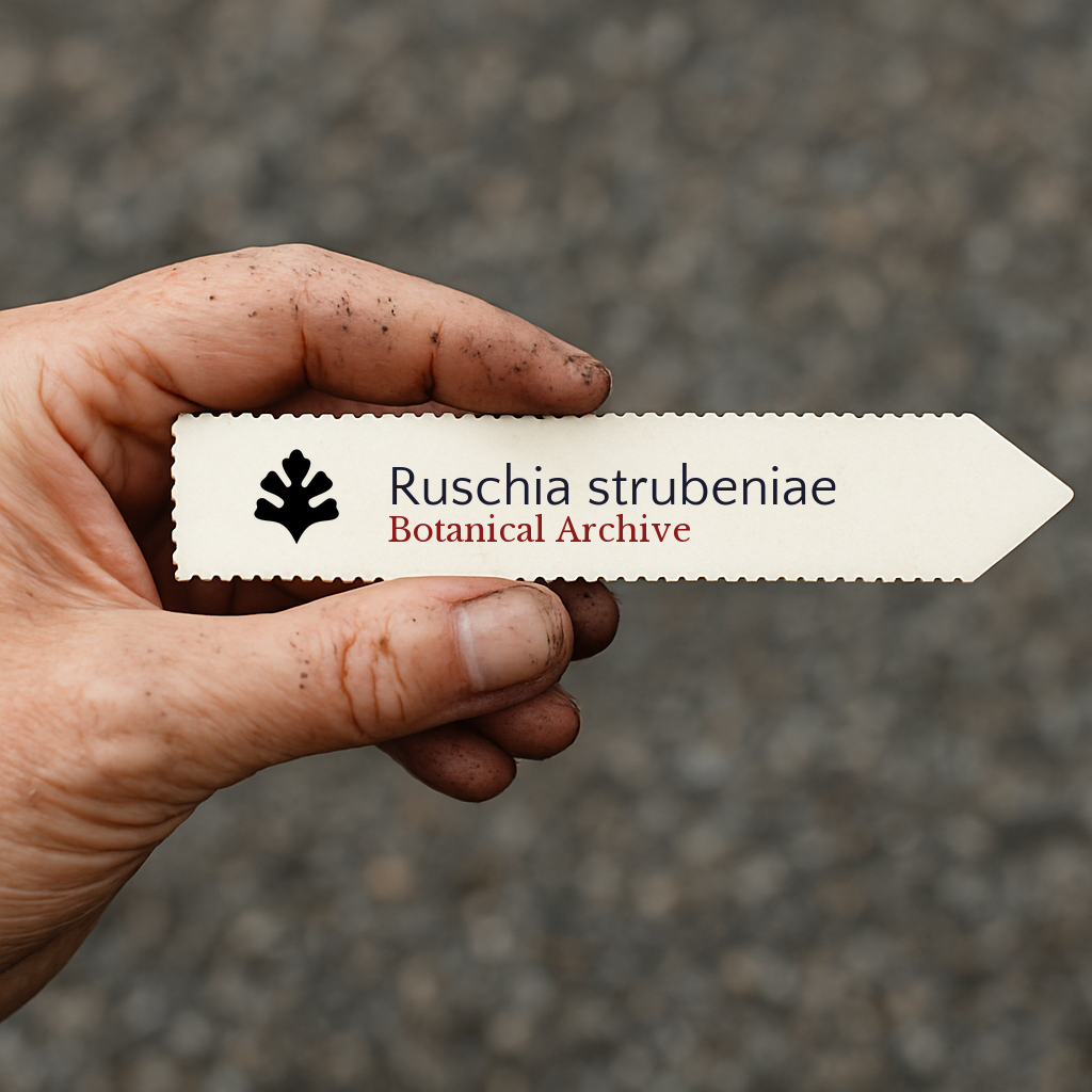 Printed plant label for Ruschia strubeniae held by dirty hand against blurred background