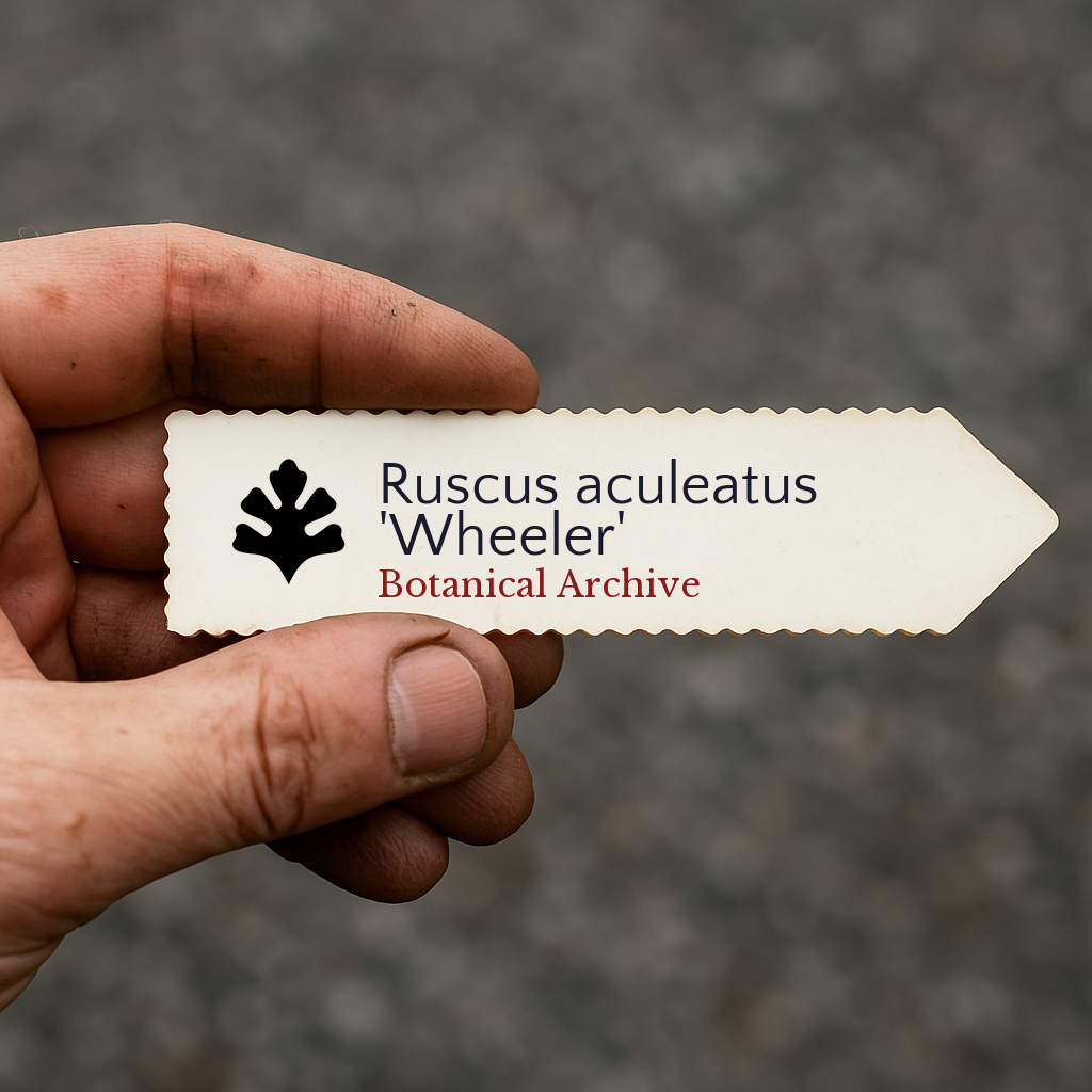 Printed plant label for Ruscus aculeatus 'Wheeler' held by hand with scalloped edges