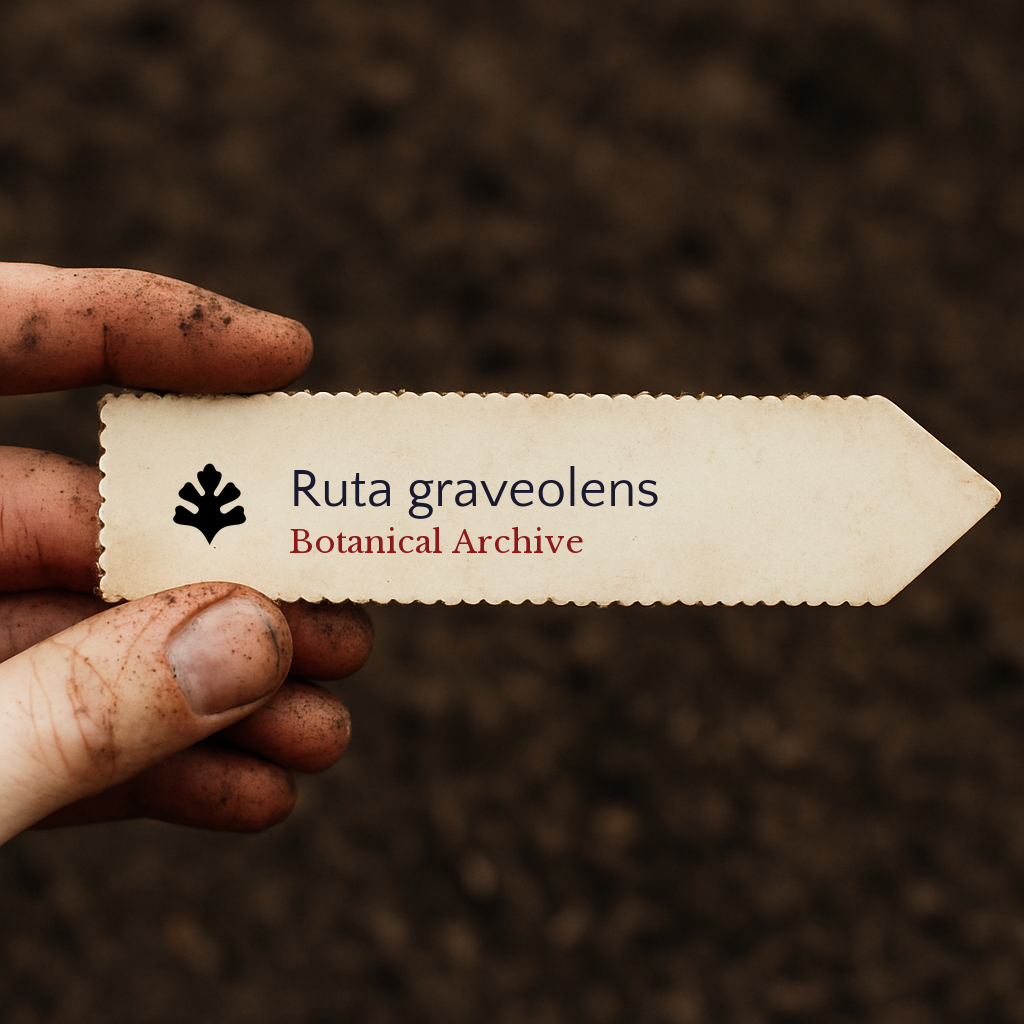 Printed plant label for Ruta graveolens held by dirty hand over soil background
