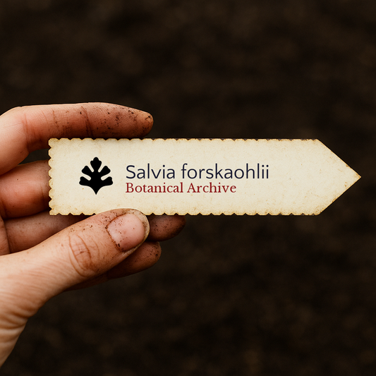 Printed plant label for Salvia forskaohlii held by dirty hand against soil background