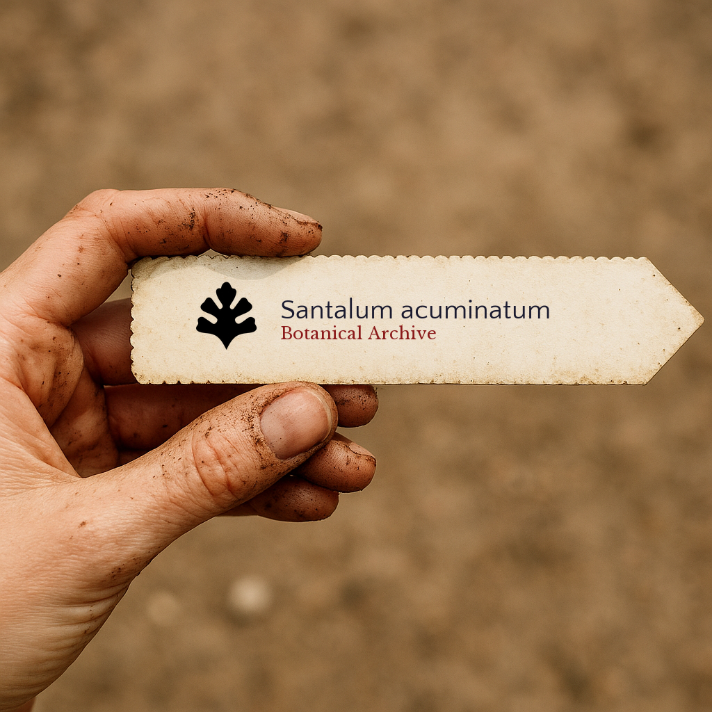 Printed plant label for Santalum acuminatum held by a dirty hand outdoors
