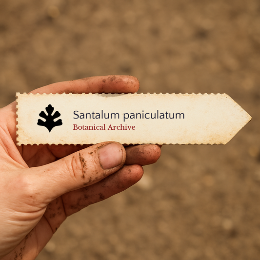 Printed plant label for Santalum paniculatum held by dirty hand outdoors