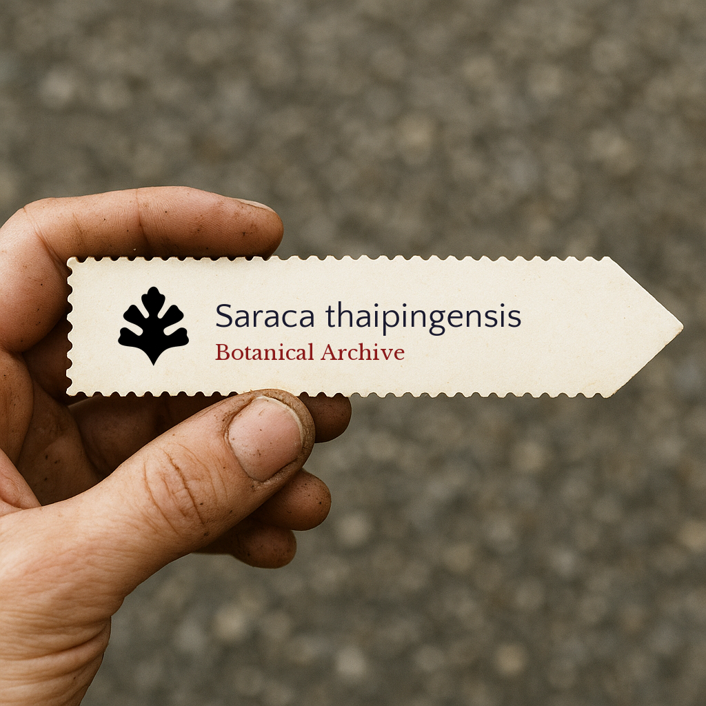 Printed plant label for Saraca thaipingensis held by hand with textured background
