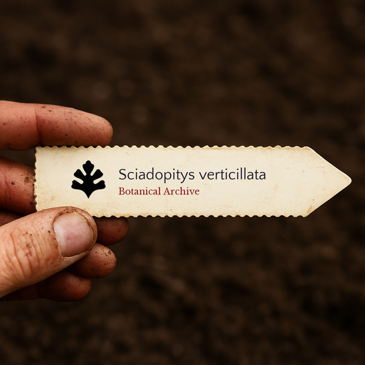 Printed plant label for Sciadopitys verticillata held by hand over soil background