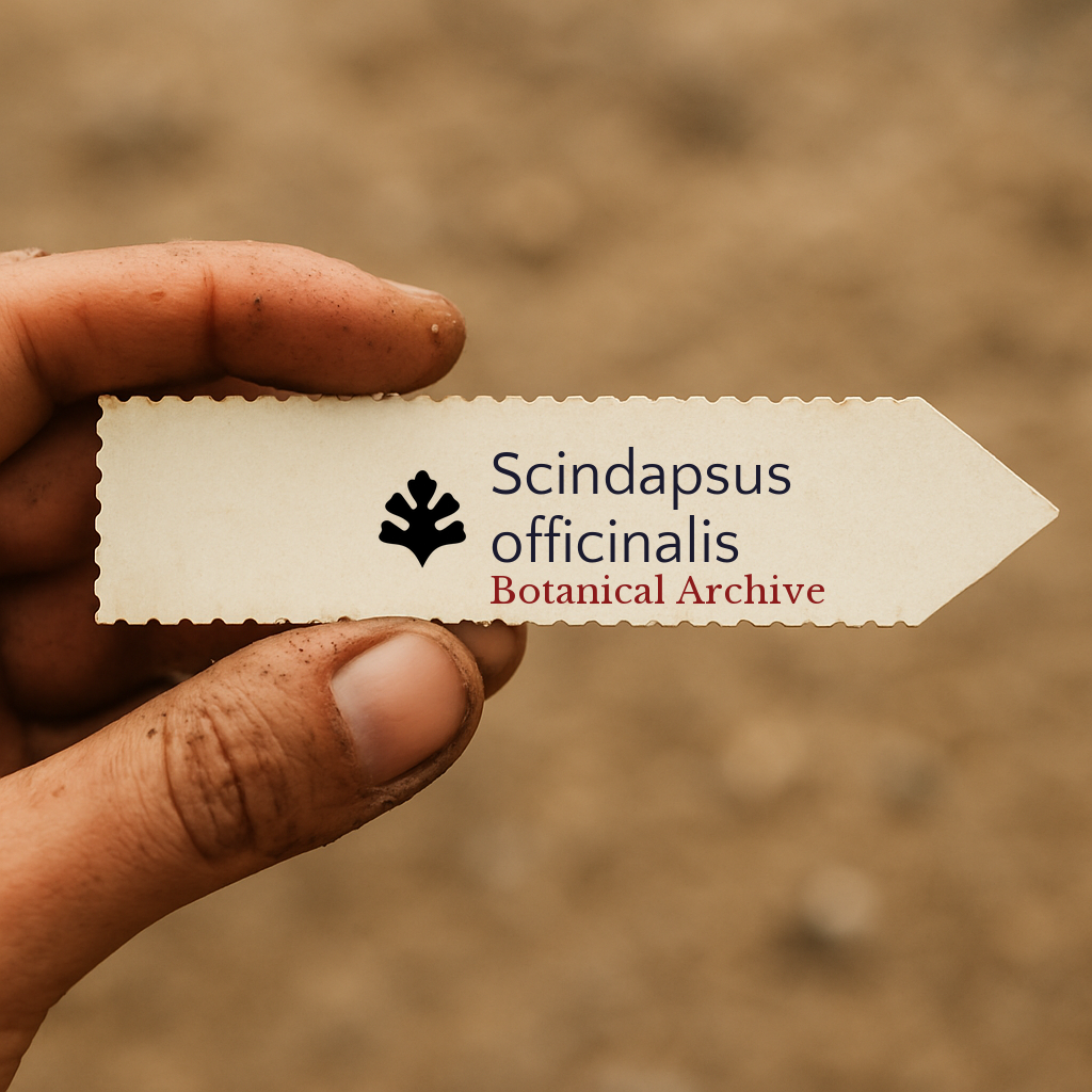 Printed plant label for Scindapsus officinalis held by hand with soil background