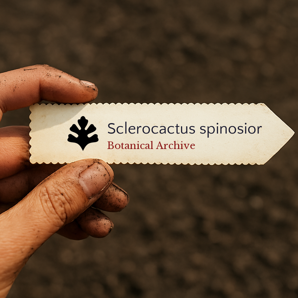Etichetta stampata per pianta di Sclerocactus spinosior tenuta da una mano sporca su sfondo di terreno